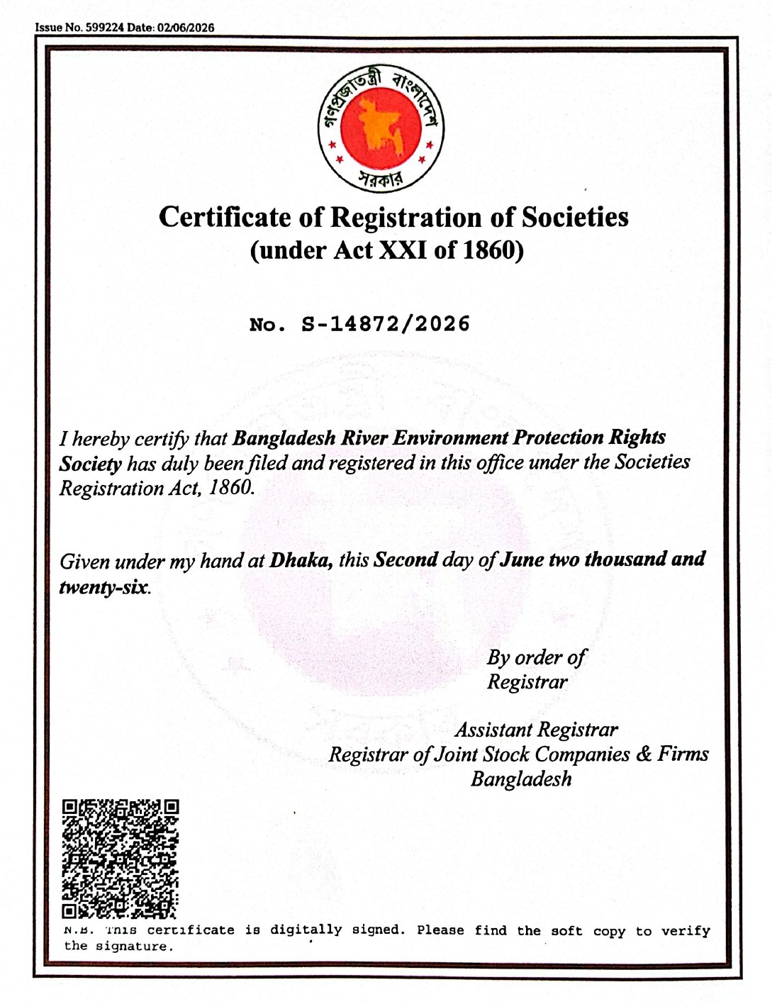 Certificate of Registration of Societies